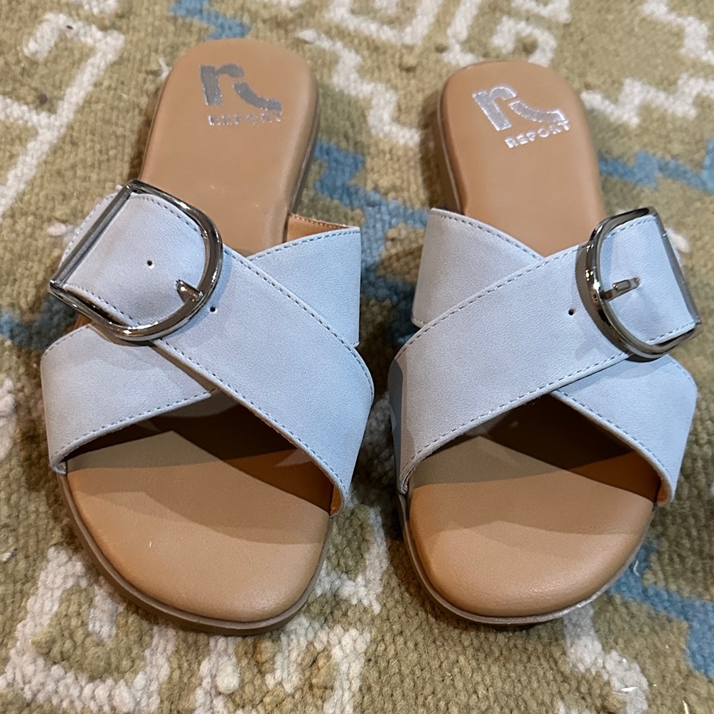 Report Women's Light Blue Slide Sandals with Silver Buckles. Size 7.5M. NWOT